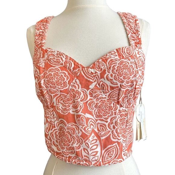 NWT Midnight Sky Smocked Floral Flax Blend Crop Top - Picture 1 of 11